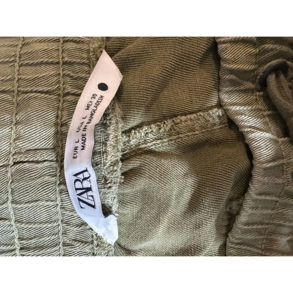 Zara Olive Green Jogger Pants Linen Blend Elastic Waist Drawstring Size L